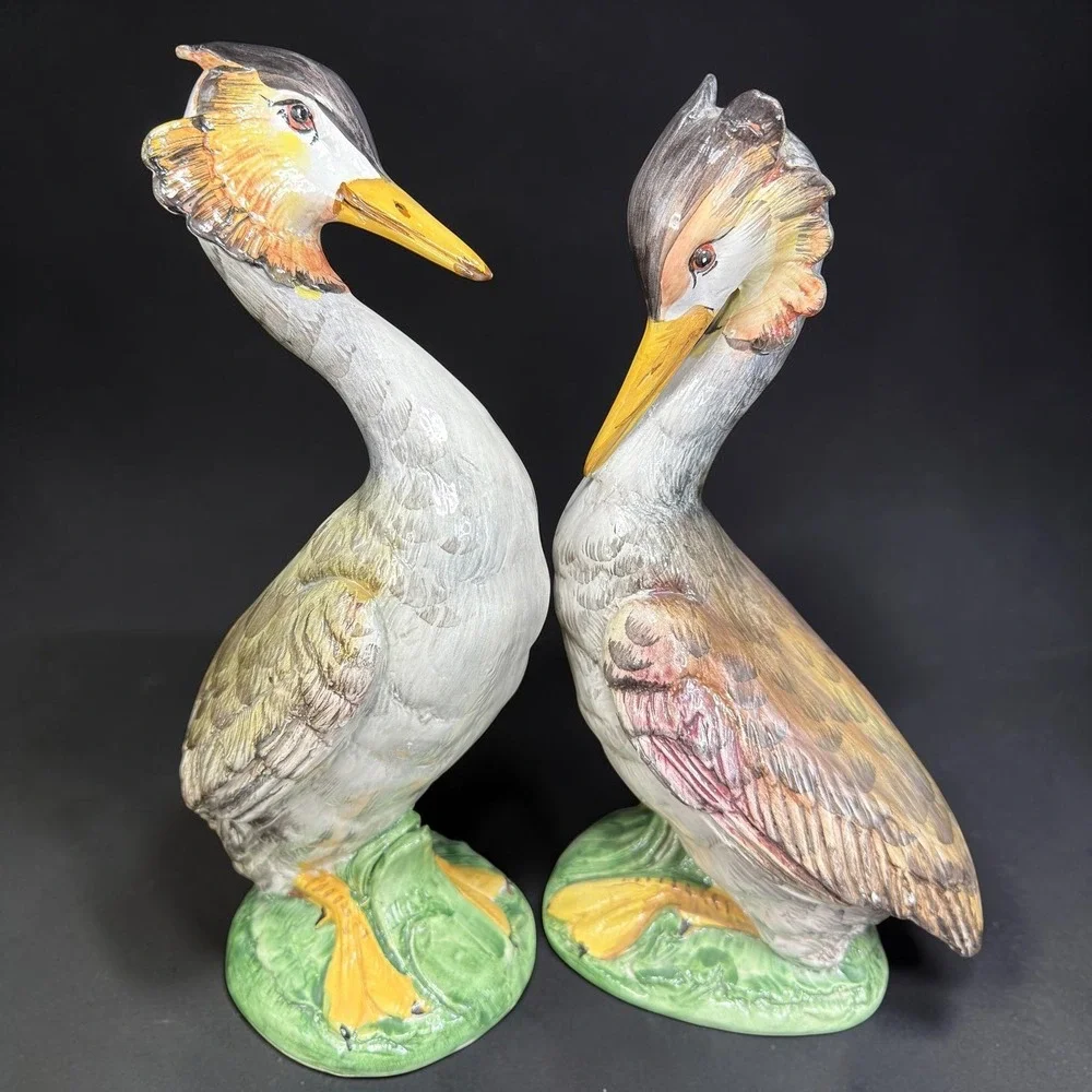 Italian Grebe Water Bird Figurines Pair Majolica Stork Crane Hand Painted Italy